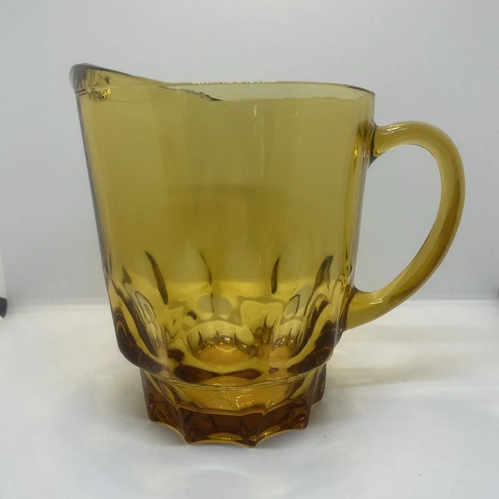 VTG HAZEL ATLAS Amber Glass Thumbprint 64oz Pitcher Heavy Boho Chic Pitcher‎